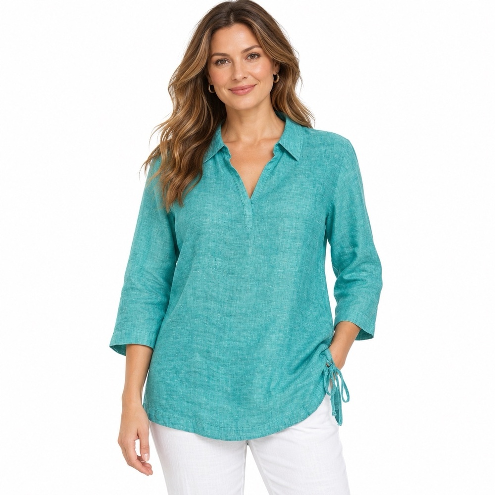 Isaac Mizrahi New York Tunic Blouse Womens Large Green Collared 3/4 Sleeve Top